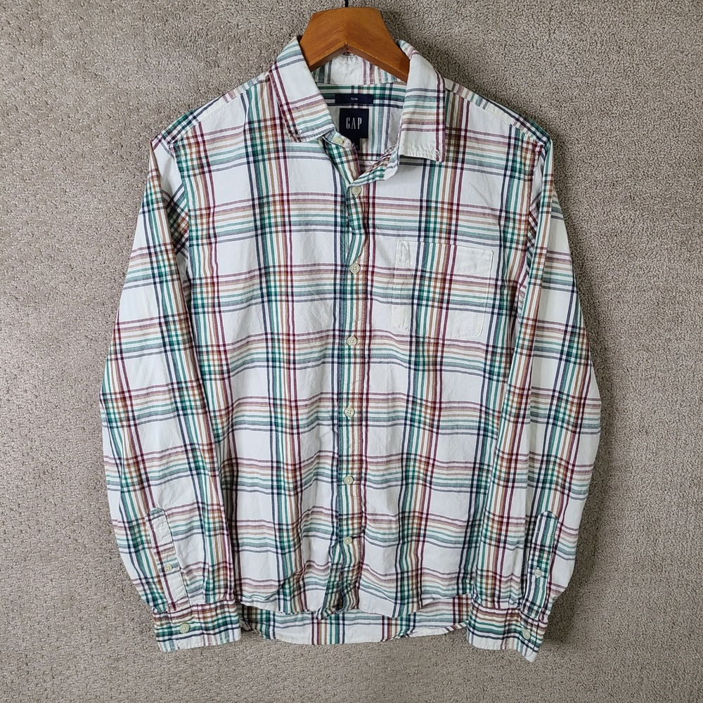 GAP Shirt Mens M White‎ Red Green Plaid Slim Fit Long Sleeve Button Down Cotton